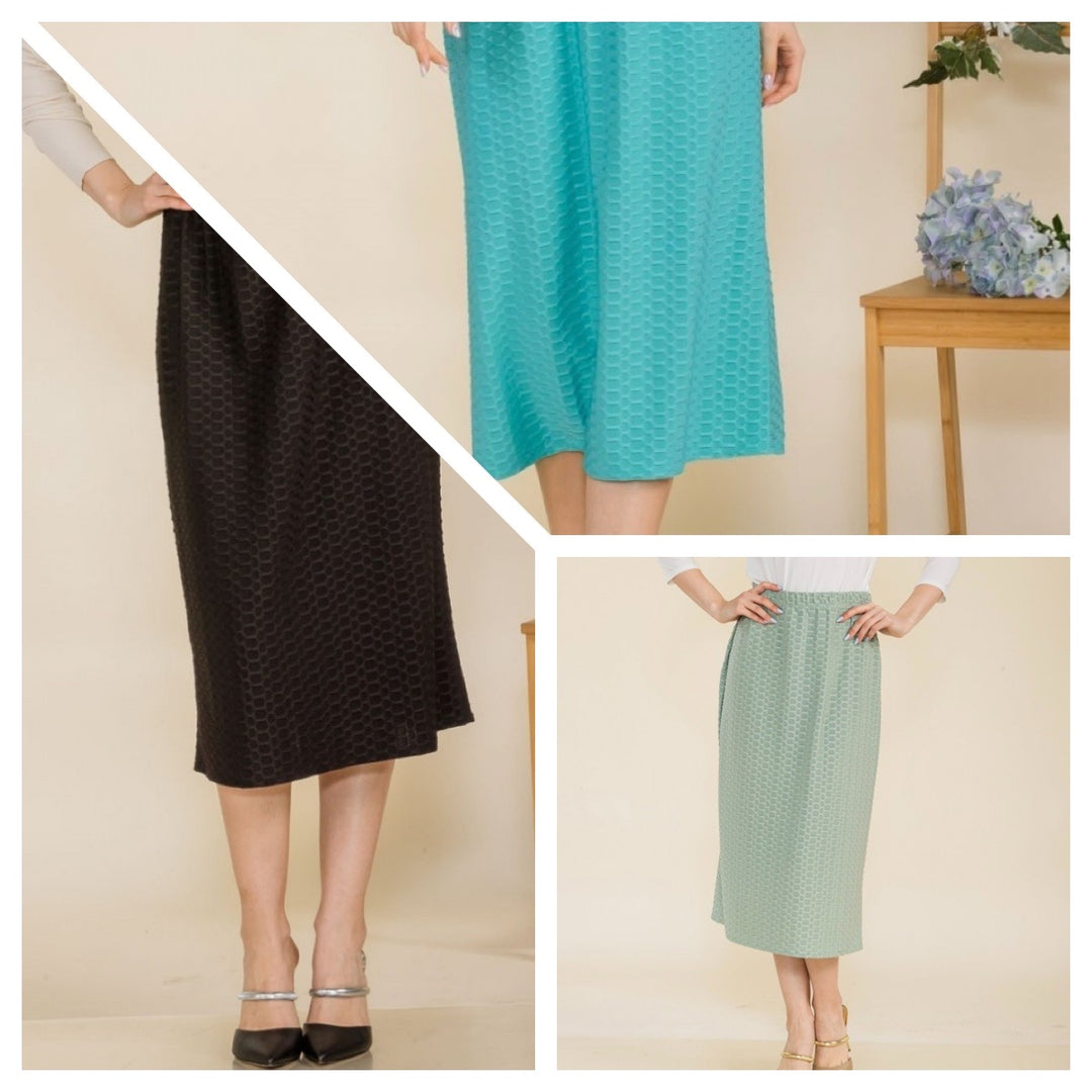 Liza Lou's Black, Sage Mint, or Turquoise Midi Honeycomb Skirt Stretchy Dress Skirt
