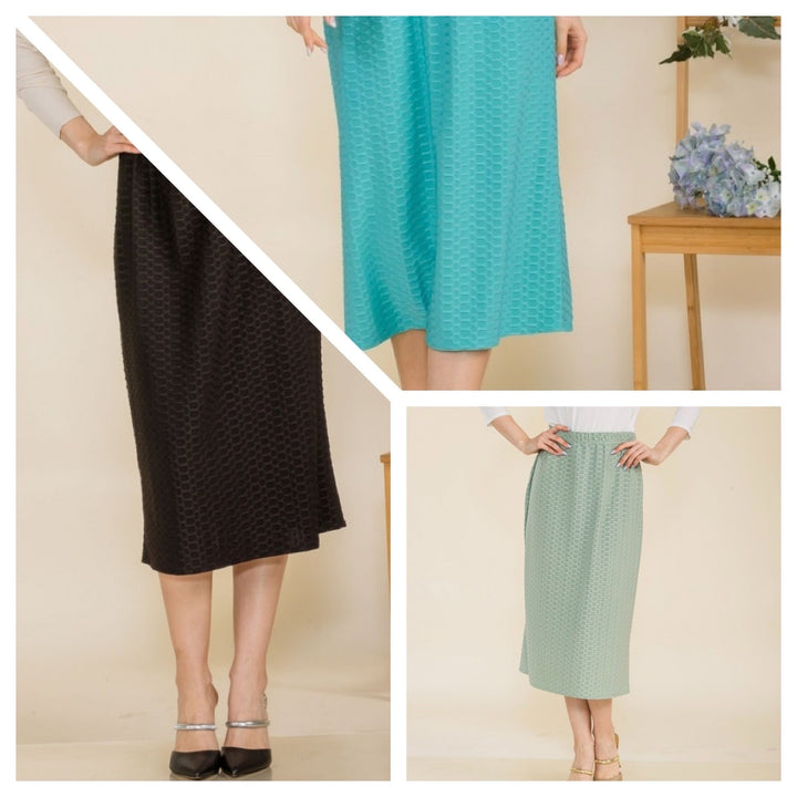 Liza Lou's Black, Sage Mint, or Turquoise Midi Honeycomb Skirt Stretchy Dress Skirt