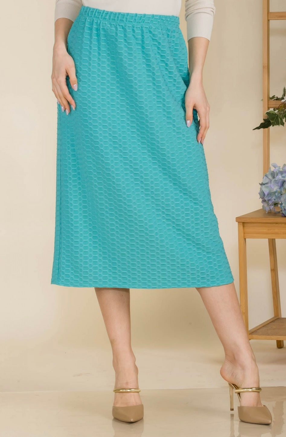 Liza Lou's Black, Sage Mint, or Turquoise Midi Honeycomb Skirt Stretchy Dress Skirt