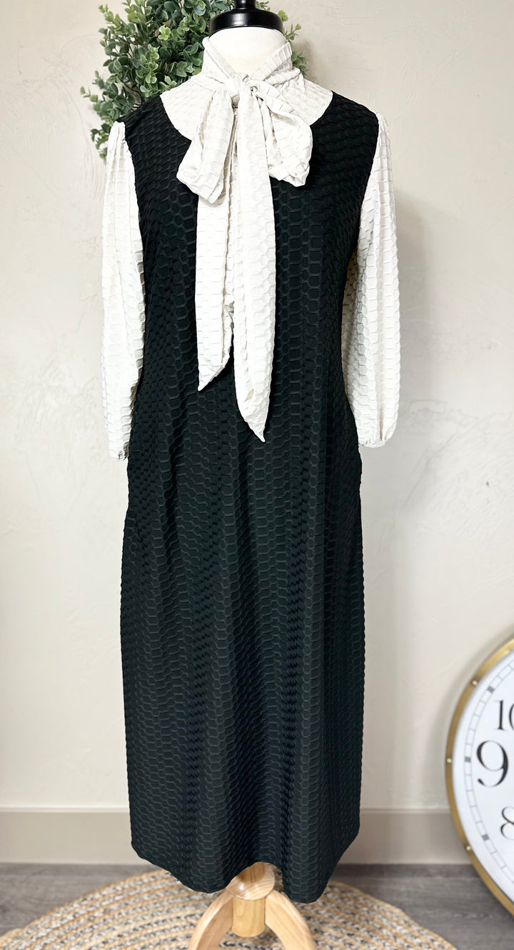 Women's Classic Long Modest Black Honeycomb Dress with Ivory Sleeves & Tie