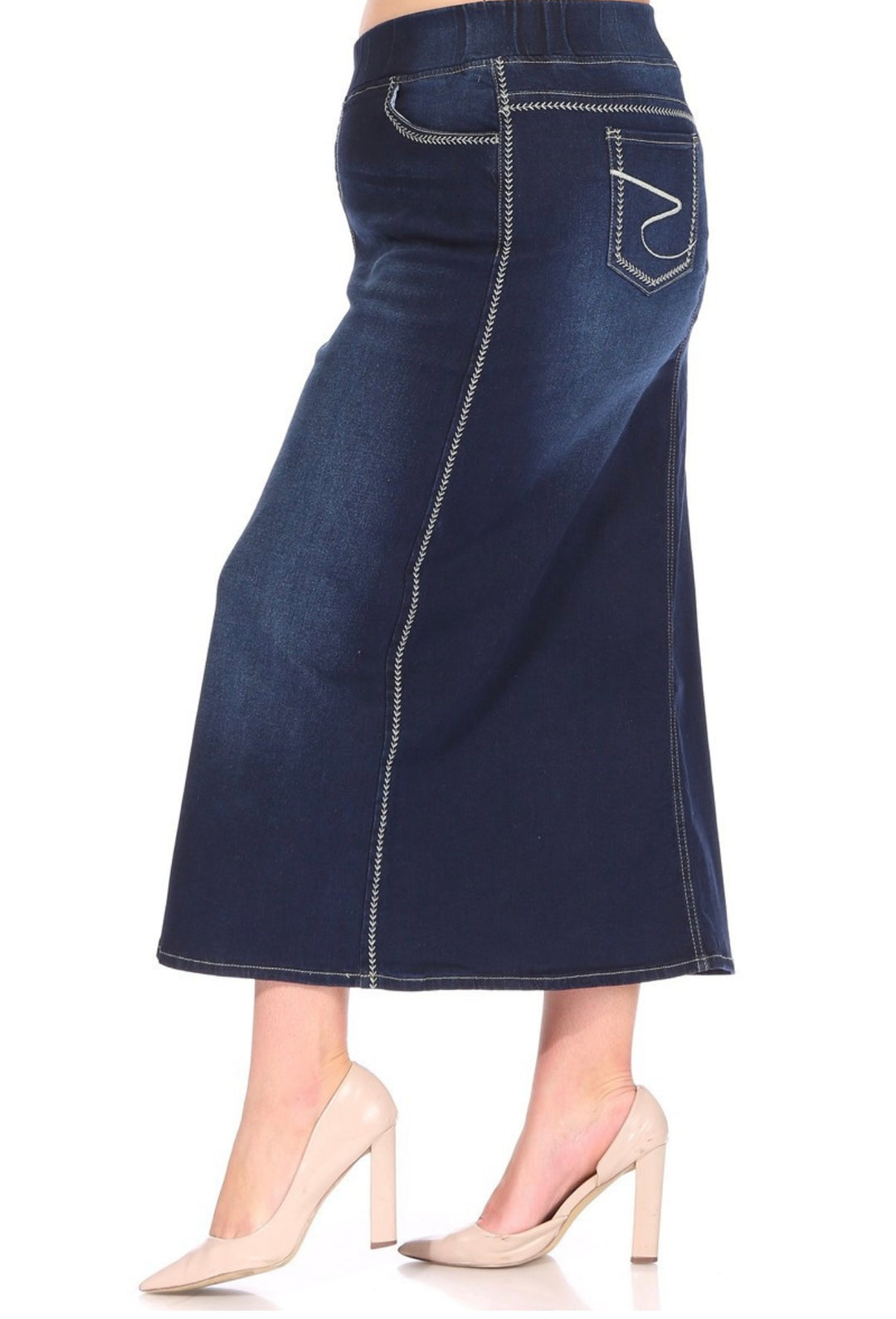Women’s Long Modest Denim Maxi Skirt Dark Indigo Blue with elastic waist