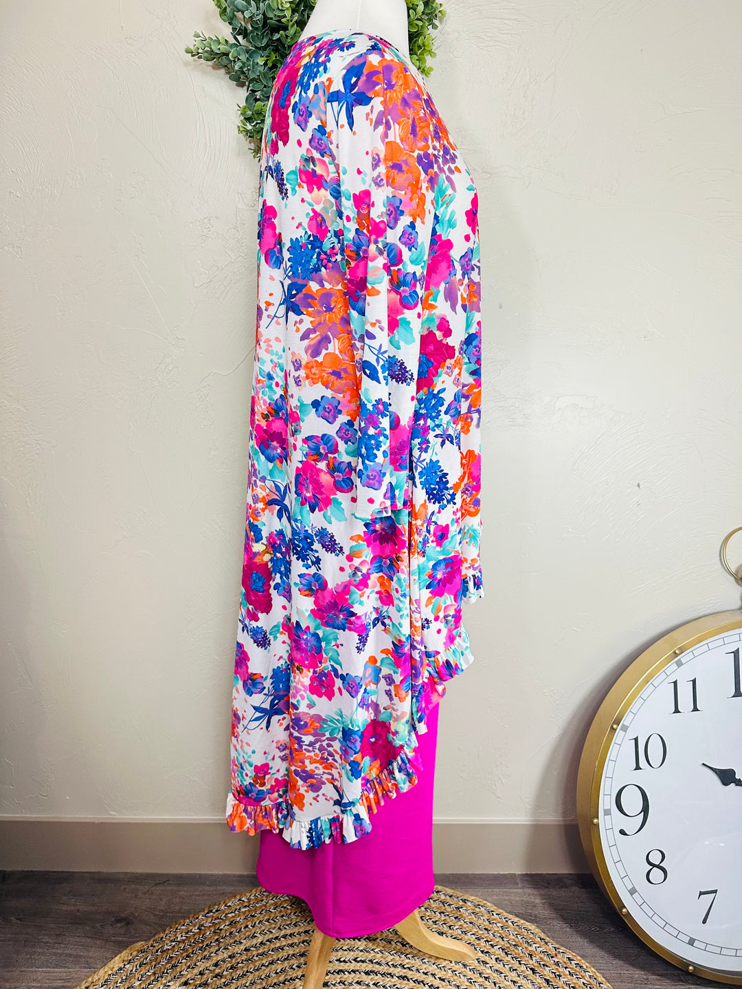 Liza Lou's Hi Low Modest Colorful Floral Top with Ruffle