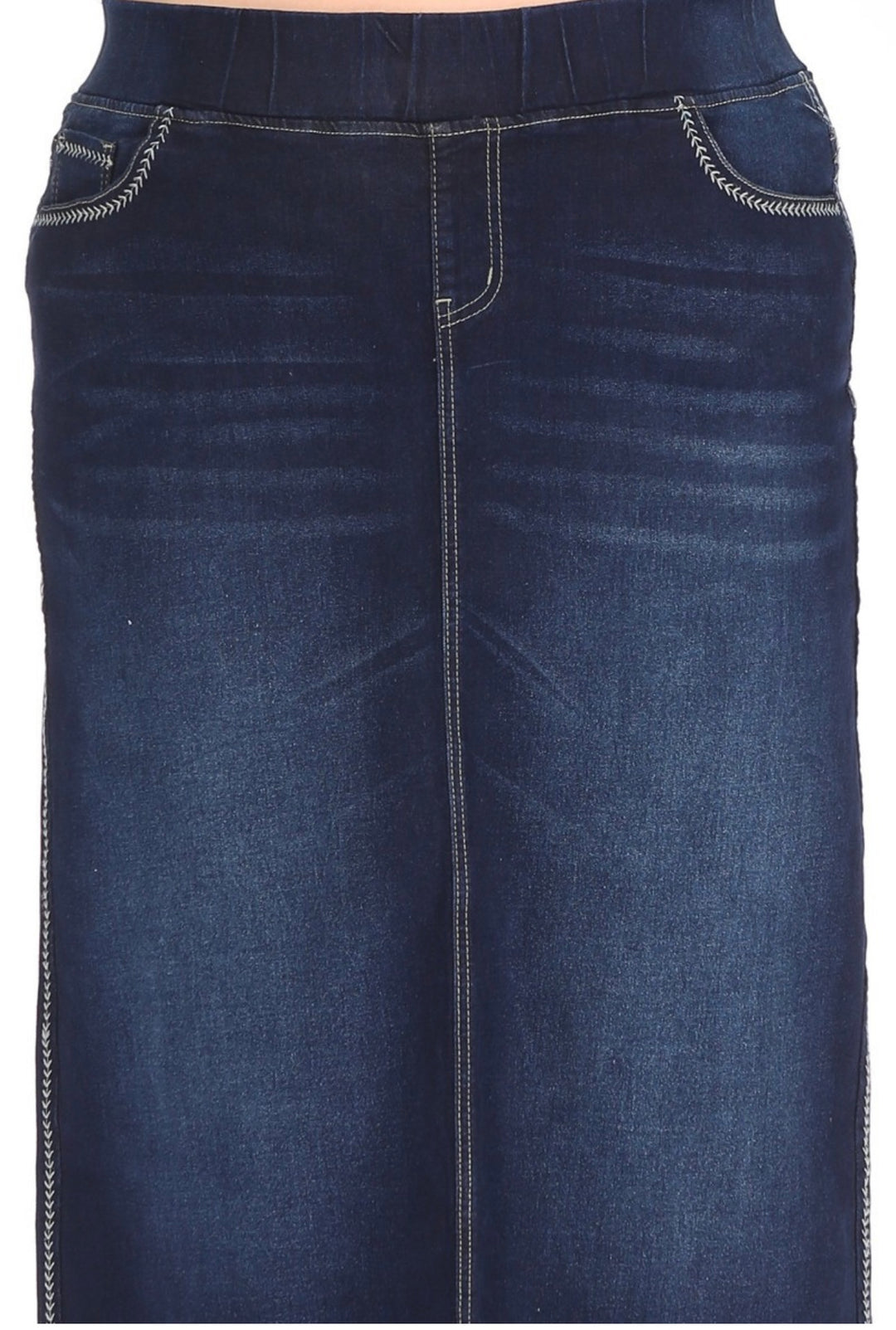 Women’s Long Modest Denim Maxi Skirt Dark Indigo Blue with elastic waist