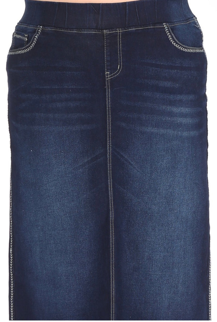 Women’s Long Modest Denim Maxi Skirt Dark Indigo Blue with elastic waist