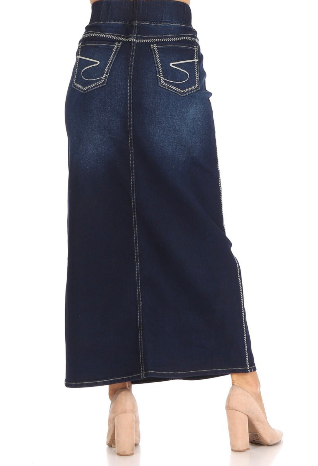 Women’s Long Modest Denim Maxi Skirt Dark Indigo Blue with elastic waist