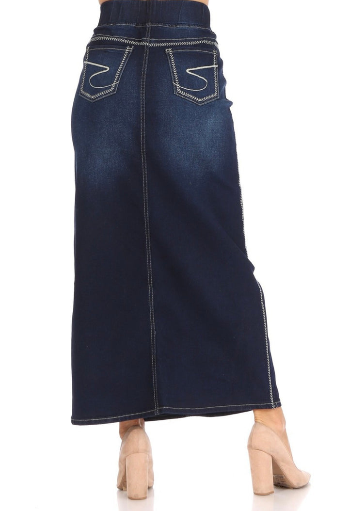 Women’s Long Modest Denim Maxi Skirt Dark Indigo Blue with elastic waist