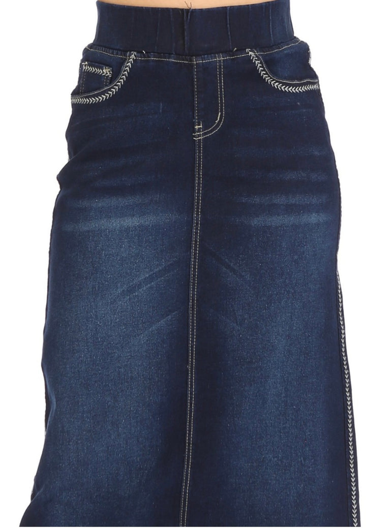 Women’s Long Modest Denim Maxi Skirt Dark Indigo Blue with elastic waist