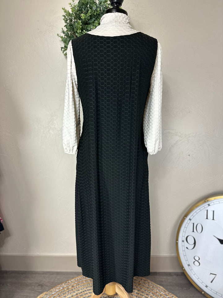 Women's Classic Long Modest Black Honeycomb Dress with Ivory Sleeves & Tie