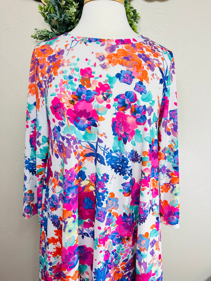 Liza Lou's Hi Low Modest Colorful Floral Top with Ruffle