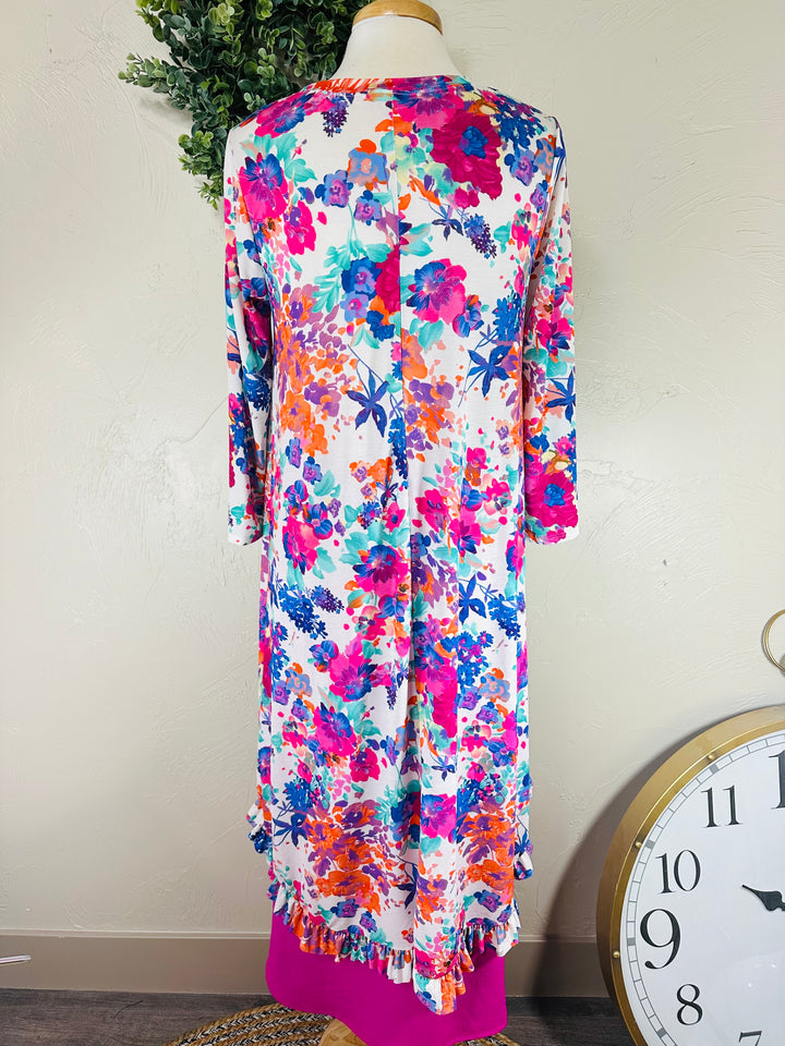 Liza Lou's Hi Low Modest Colorful Floral Top with Ruffle