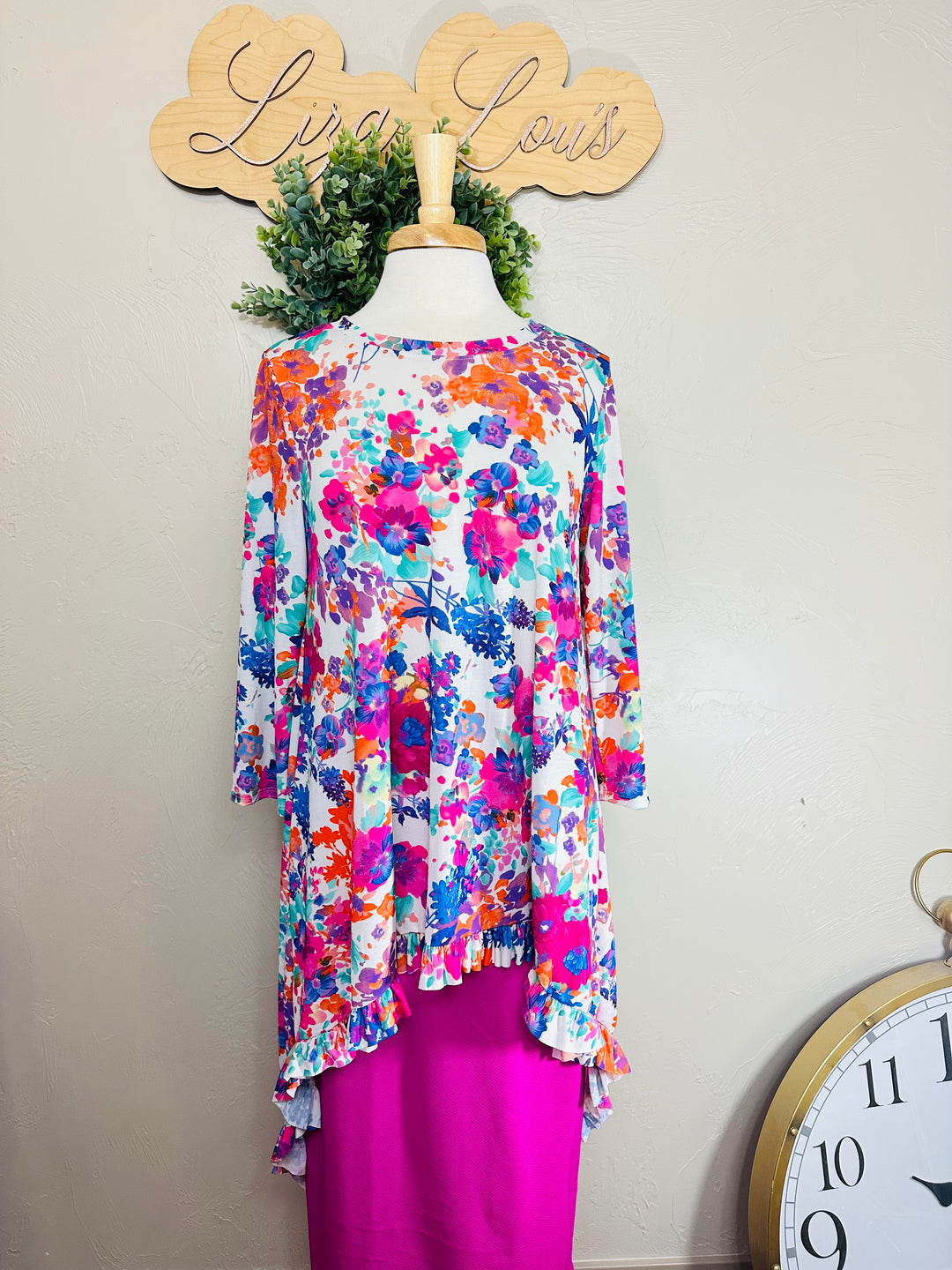 Liza Lou's Hi Low Modest Colorful Floral Top with Ruffle