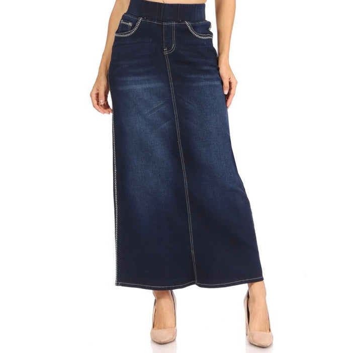 Women’s Long Modest Denim Maxi Skirt Dark Indigo Blue with elastic waist