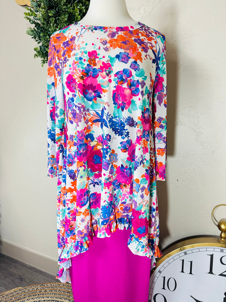 Liza Lou's Hi Low Modest Colorful Floral Top with Ruffle