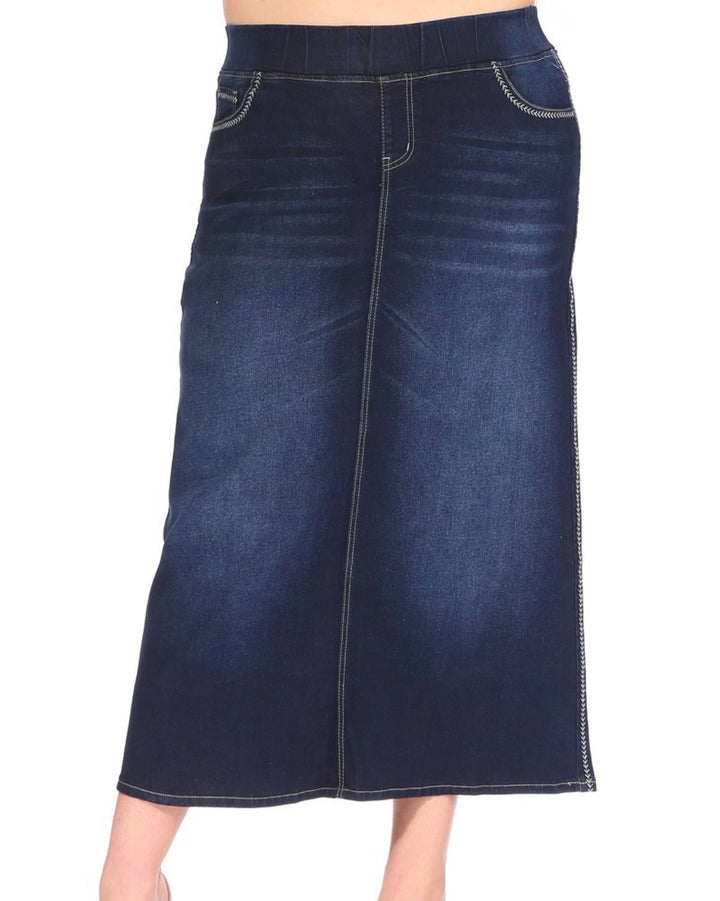 Women’s Long Modest Denim Maxi Skirt Dark Indigo Blue with elastic waist