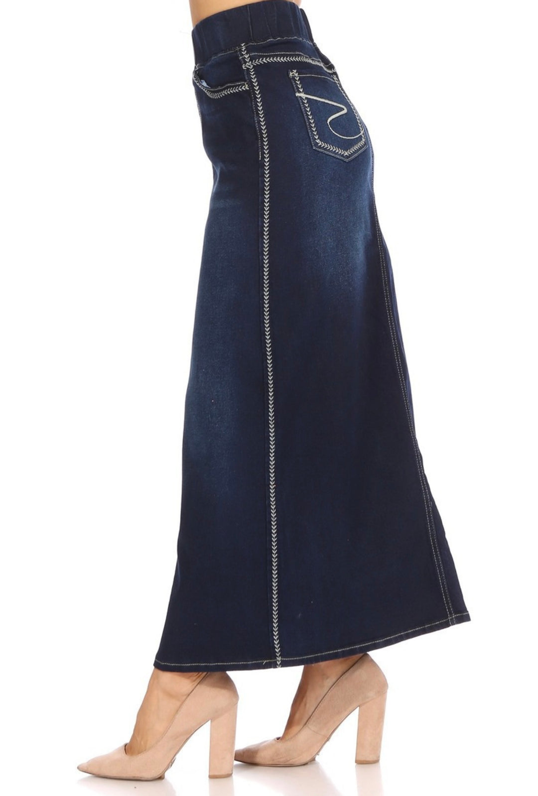 Women’s Long Modest Denim Maxi Skirt Dark Indigo Blue with elastic waist