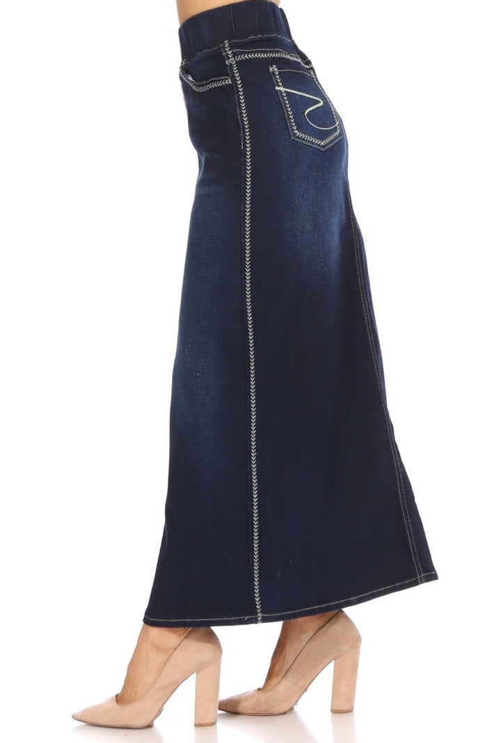 Women’s Long Modest Denim Maxi Skirt Dark Indigo Blue with elastic waist
