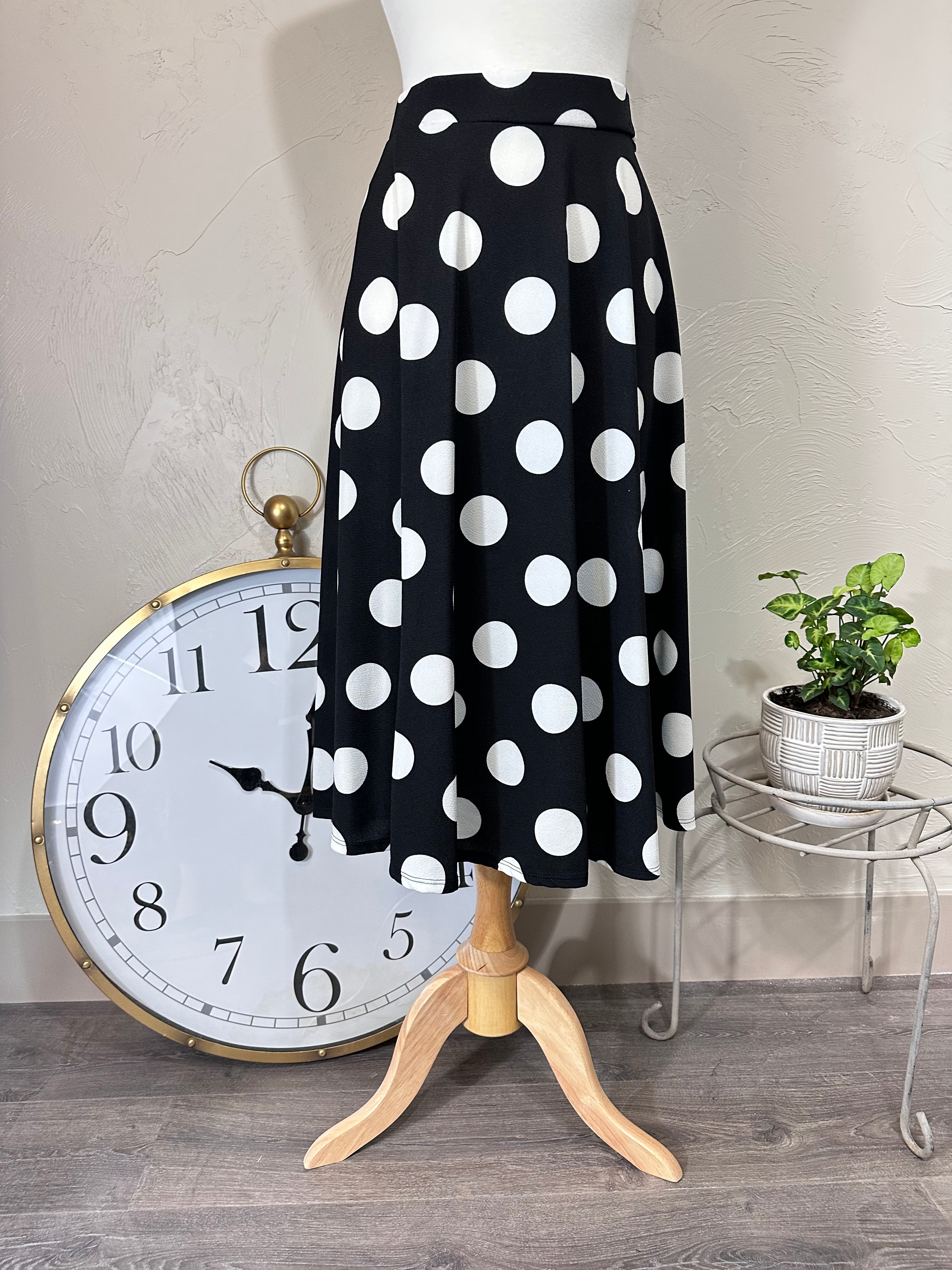 Zoey Black & White Large Polka Dot High Waisted A-line Modest Midi