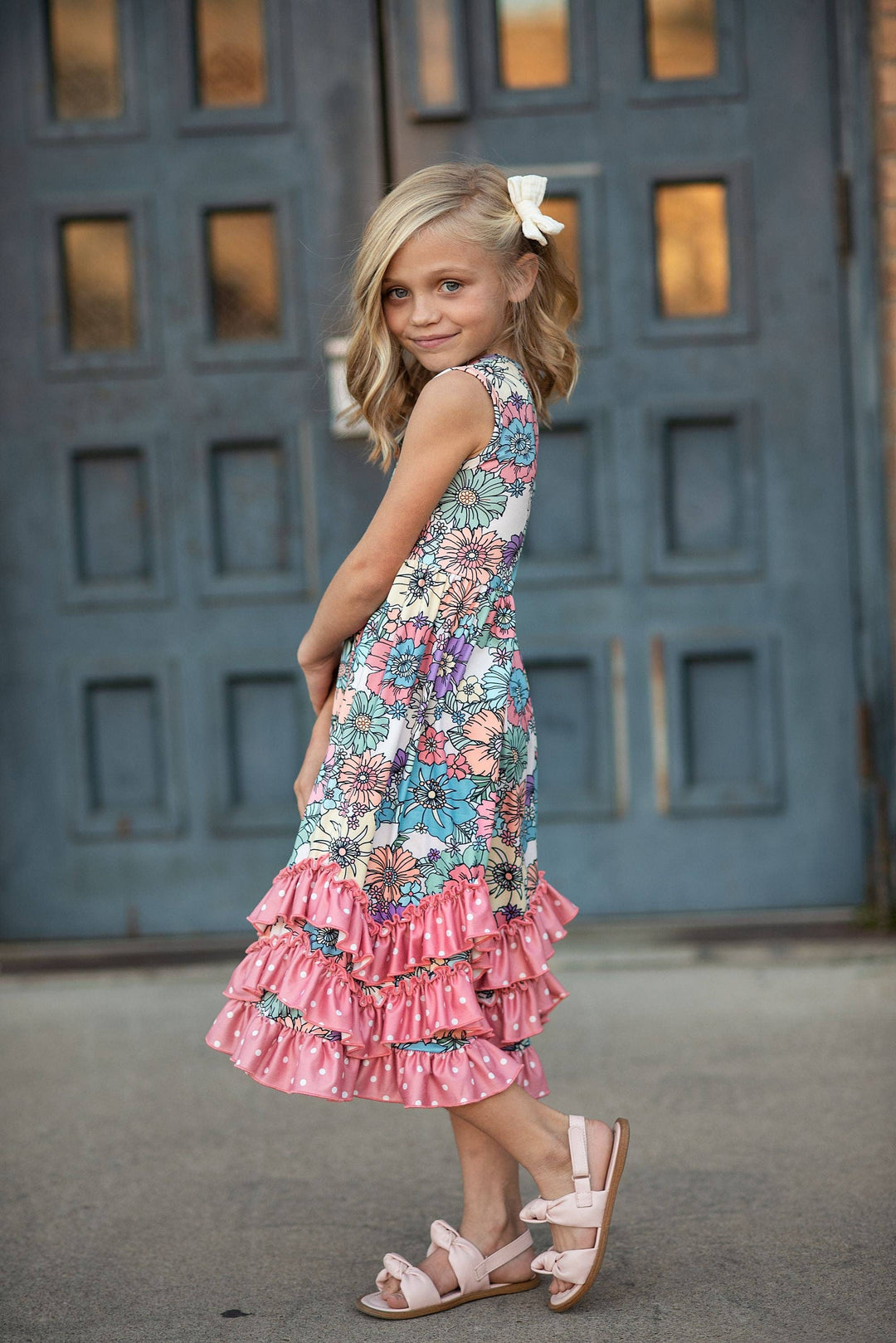 Liza Lou's Pink Colorful Dot Floral Dress with Ruffles Girls Jumper Maxi Dress