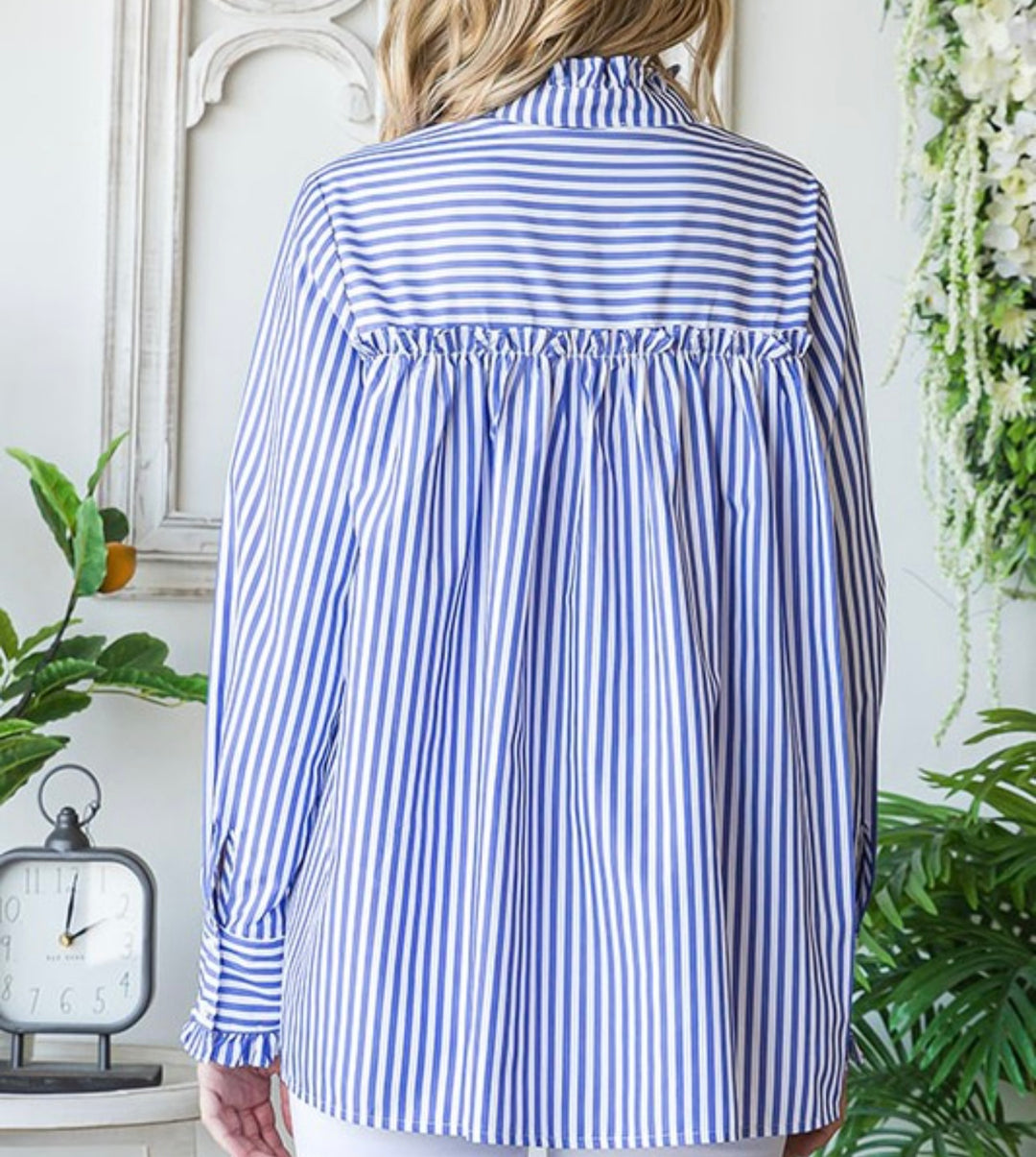 Ruffled Button up Blue Striped Top