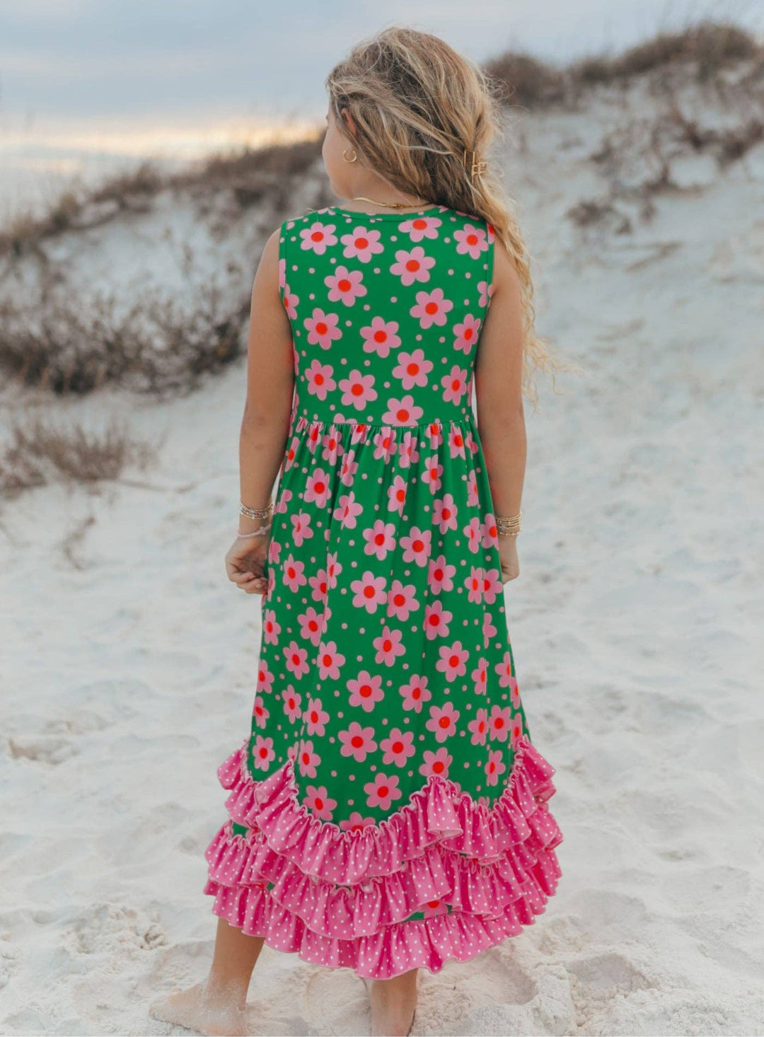 Liza Lou’s Darling Long Modest Girls Ruffled Dress Green Floral