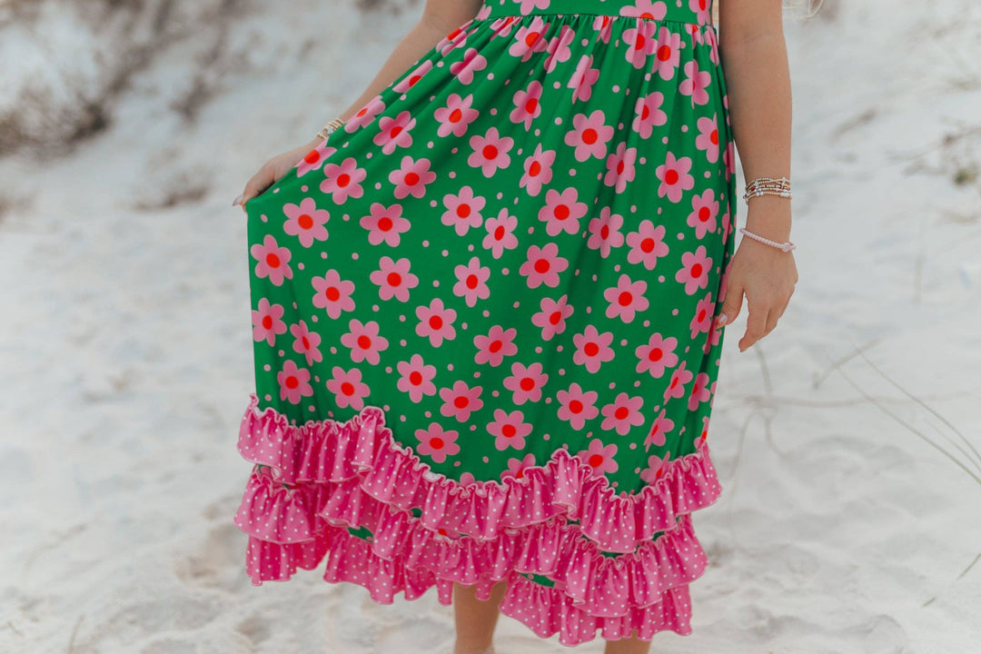 Liza Lou’s Darling Long Modest Girls Ruffled Dress Green Floral