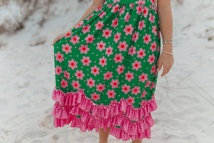 Liza Lou’s Darling Long Modest Girls Ruffled Dress Green Floral