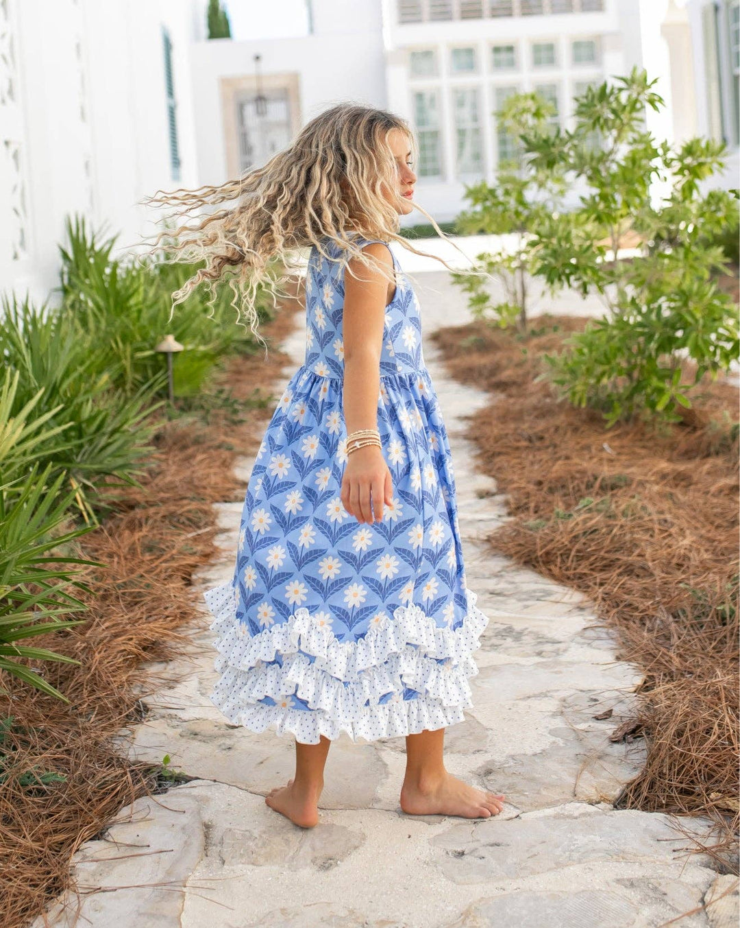 Liza Lou's Darling Long Modest Girls Ruffled Dress Blue Floral – Liza Lou's