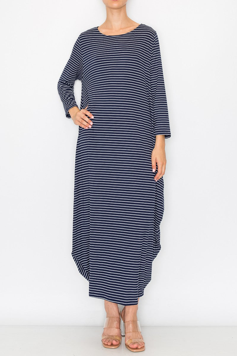 Poliana Navy Blue Striped Pattern Bubble Modest Dress