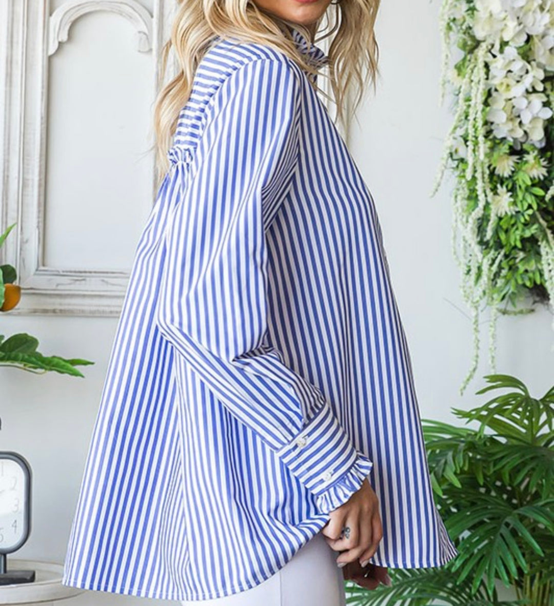 Ruffled Button up Blue Striped Top