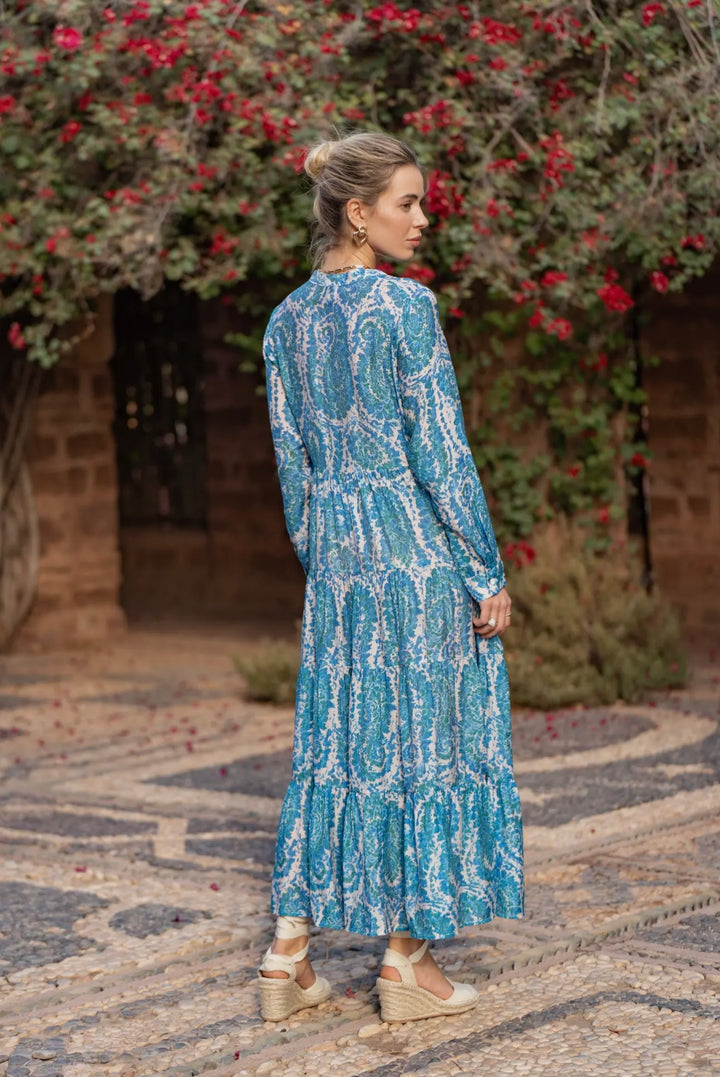 Liza Lou's Blue Green Design Print Marbella Silk Modest Dress