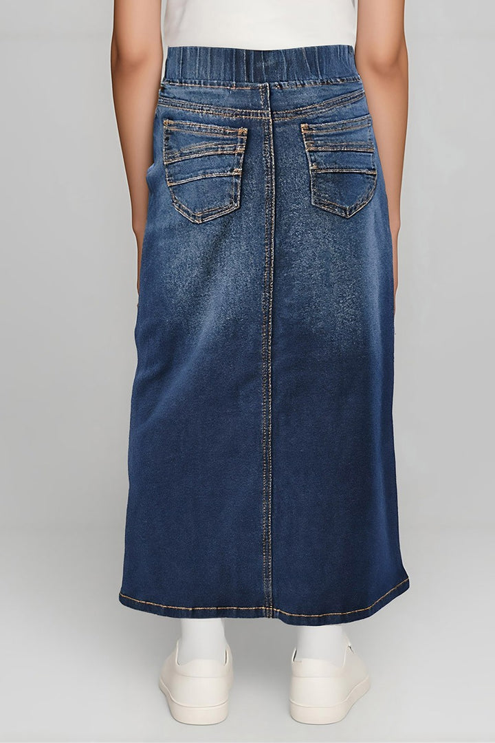 Back of the Girls Stretch Denim Maxi Skirt showing the back pockets and center back seam