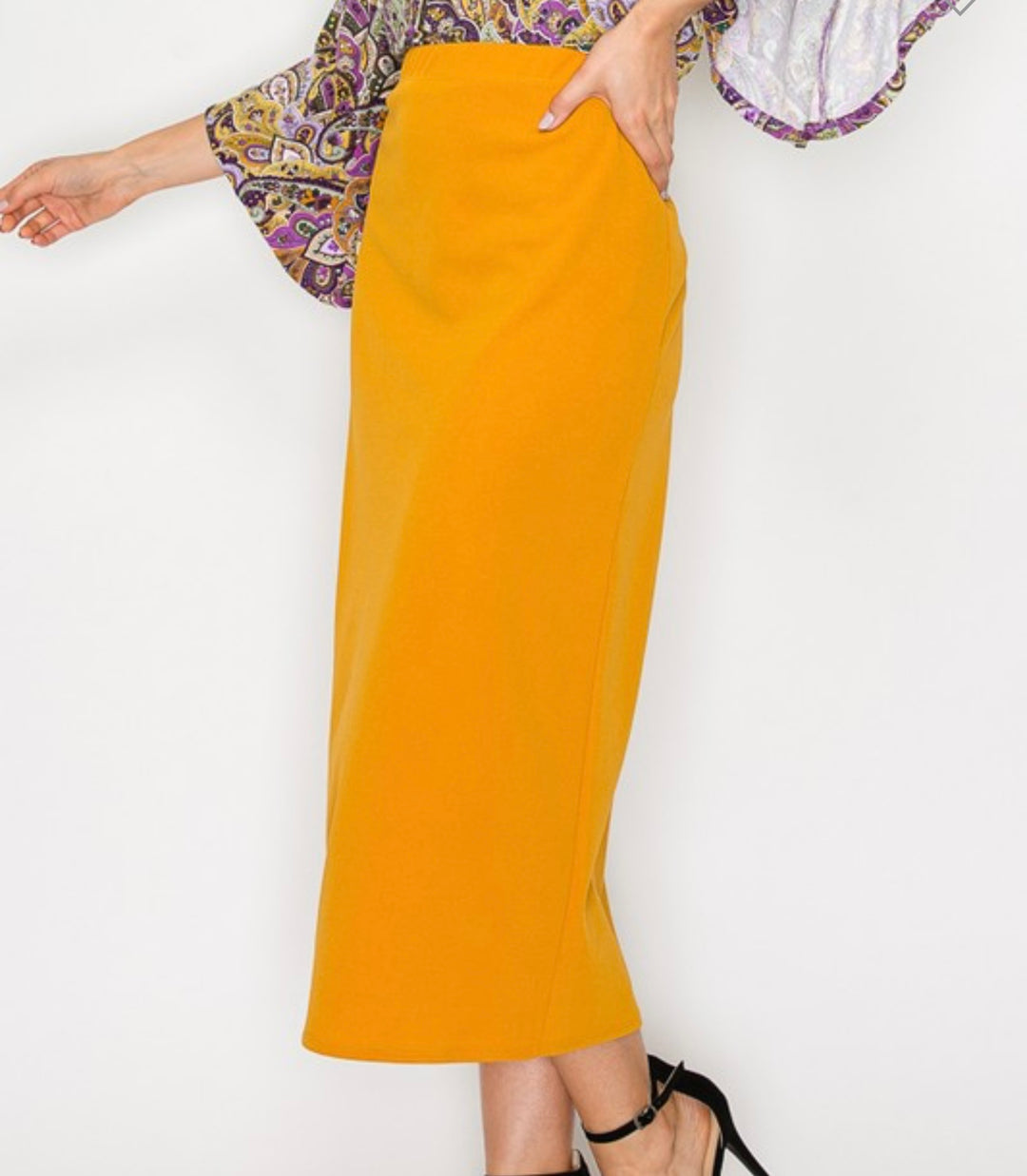 Liza Lou's Juliette Midi Skirt With Elastic Waist Mustard, Black, Olive, Burgundy, Tan