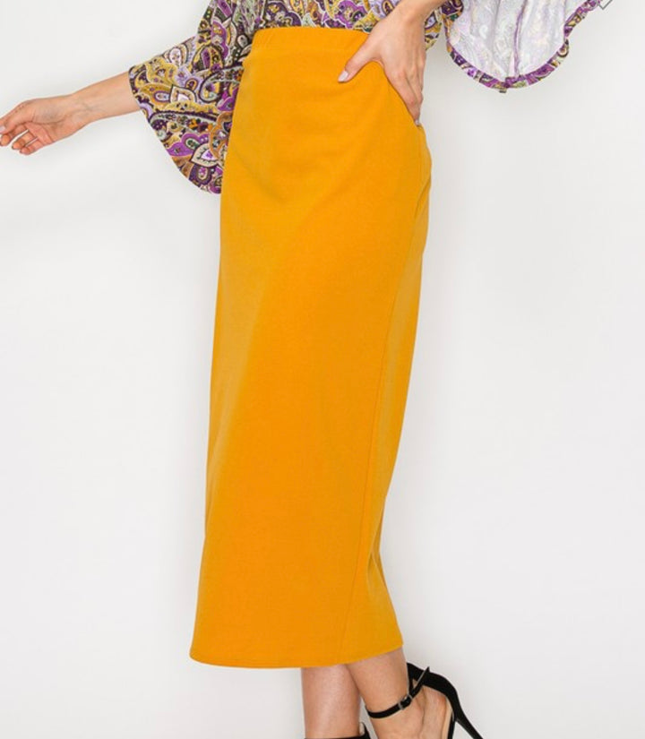 Liza Lou's Juliette Midi Skirt With Elastic Waist Mustard, Black, Olive, Burgundy, Tan