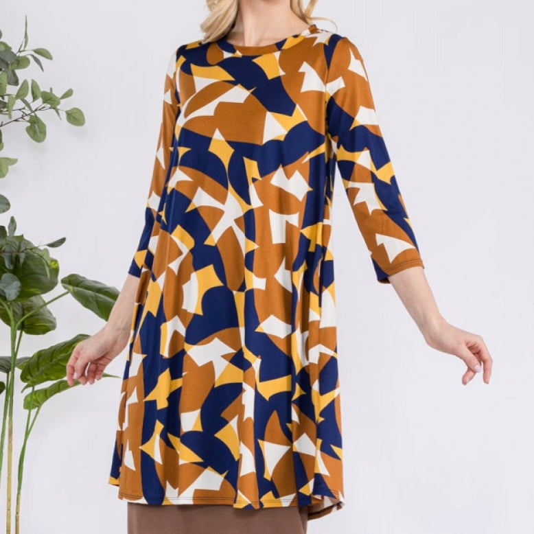 Liza Lou’s Brown & Navy Geometric Print Tunic Top
