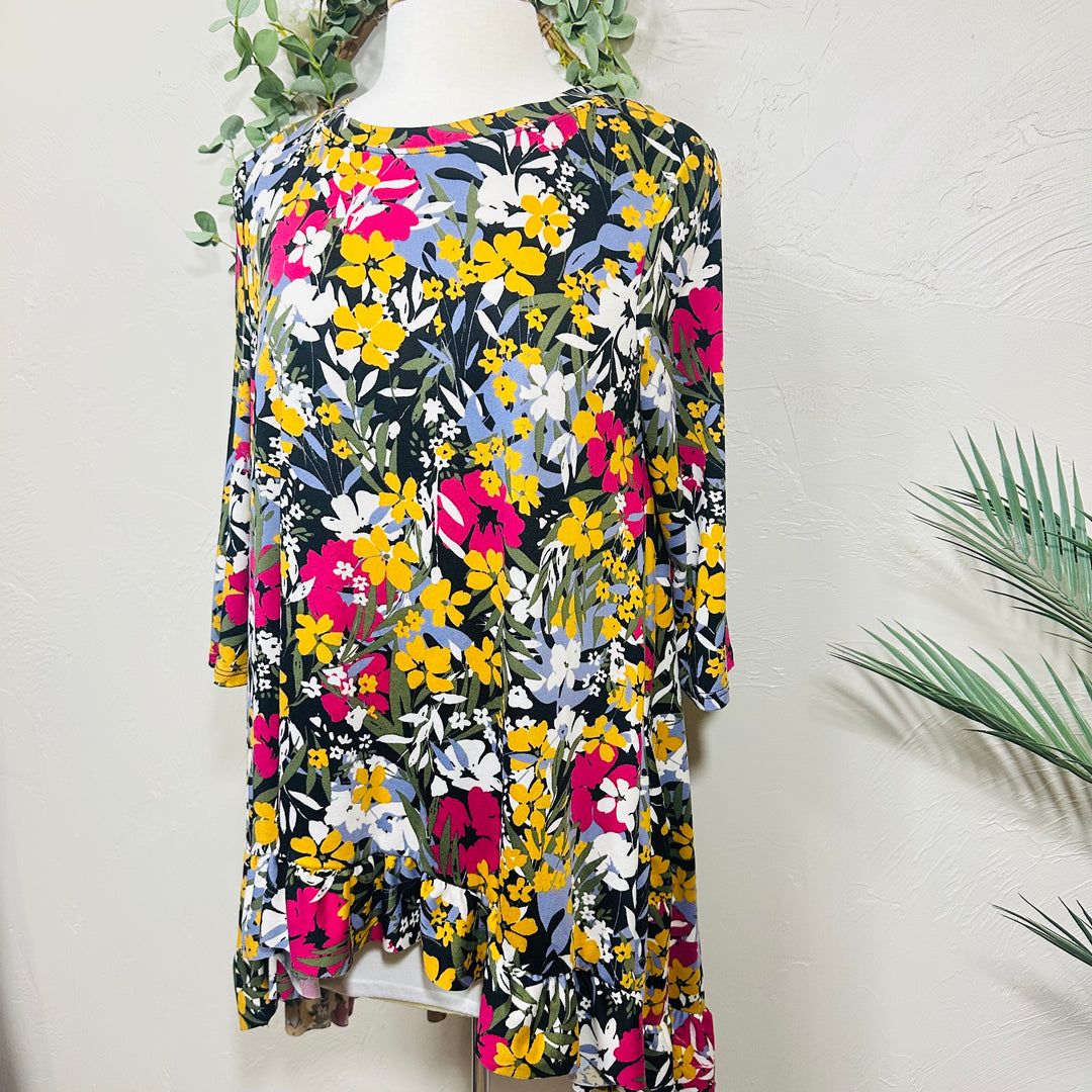 Liza Lou’s Black Background with Floral Hi Low Tunic Top with Ruffle