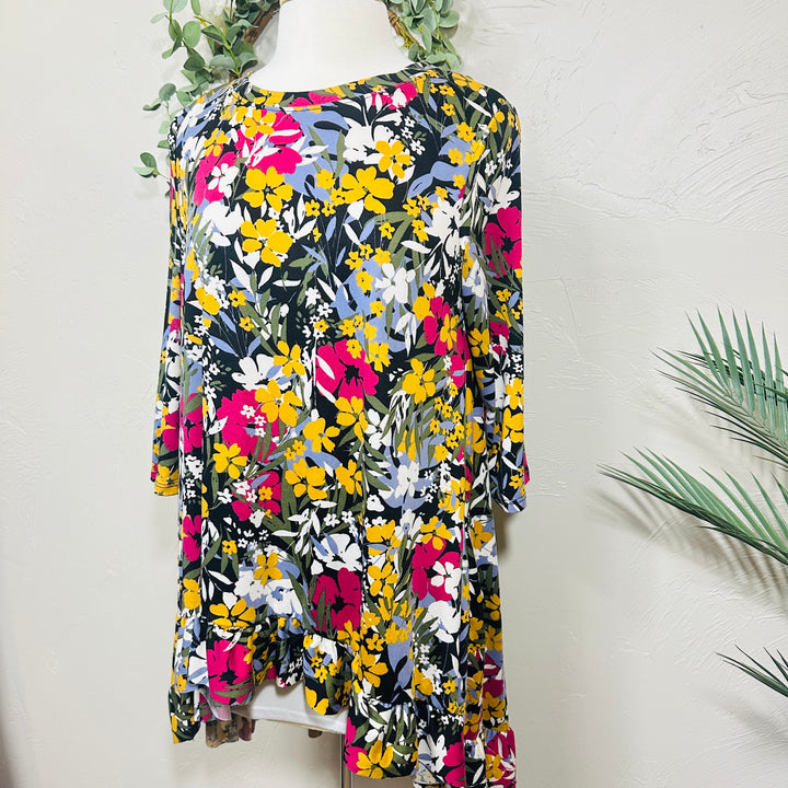 Liza Lou’s Black Background with Floral Hi Low Tunic Top with Ruffle