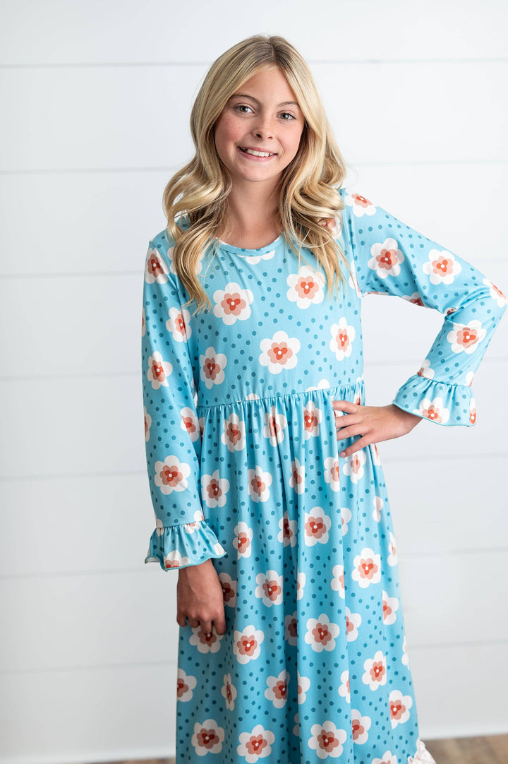 Liza Lou’s Darling Long Modest Girls Ruffled Dress Turquoise Floral