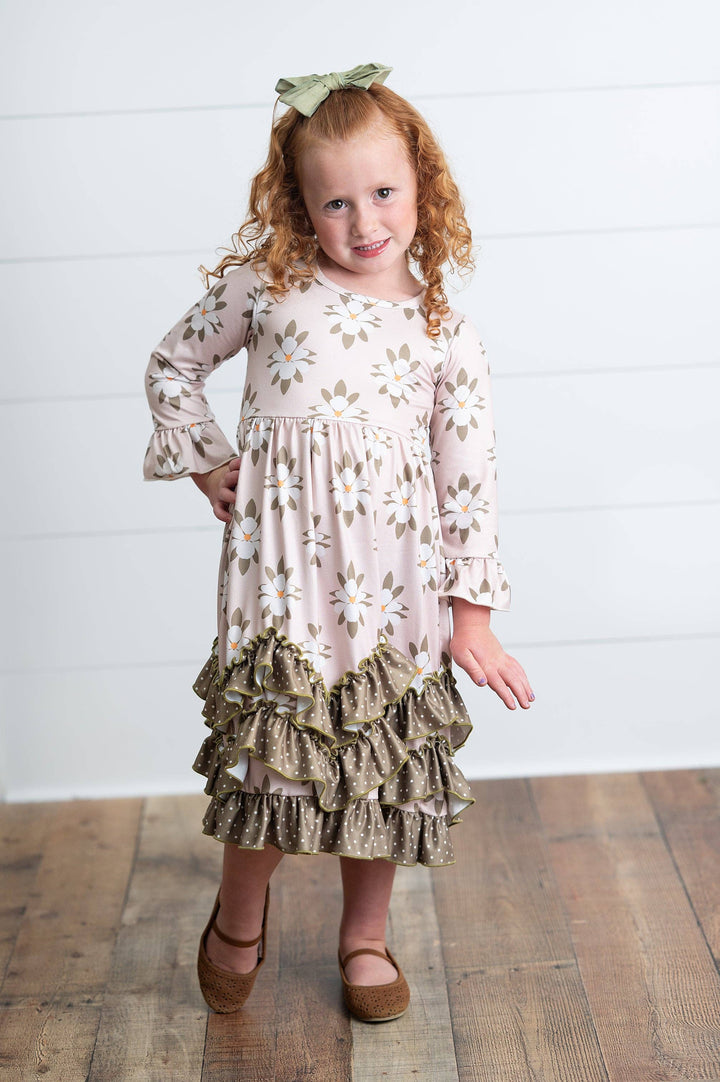Liza Lou’s Olive Floral Darling Long Modest Girls Ruffled Dress