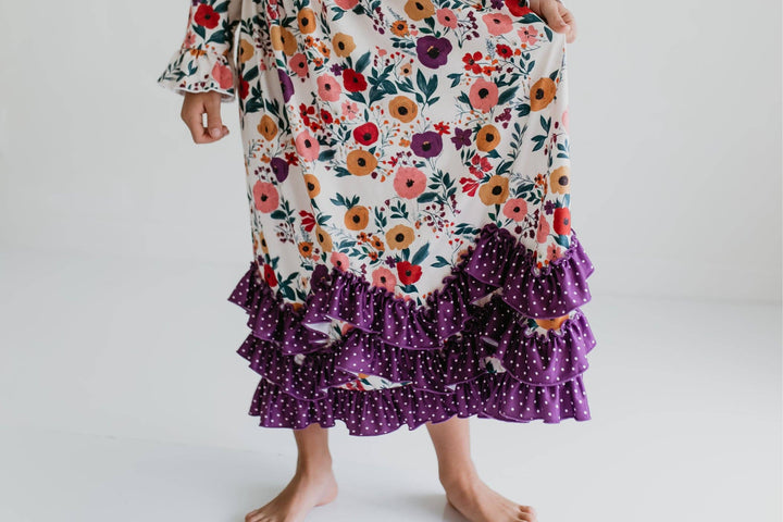 Girls Purple Dot & Winter Floral Long Sleeve 3 Ruffle Dress