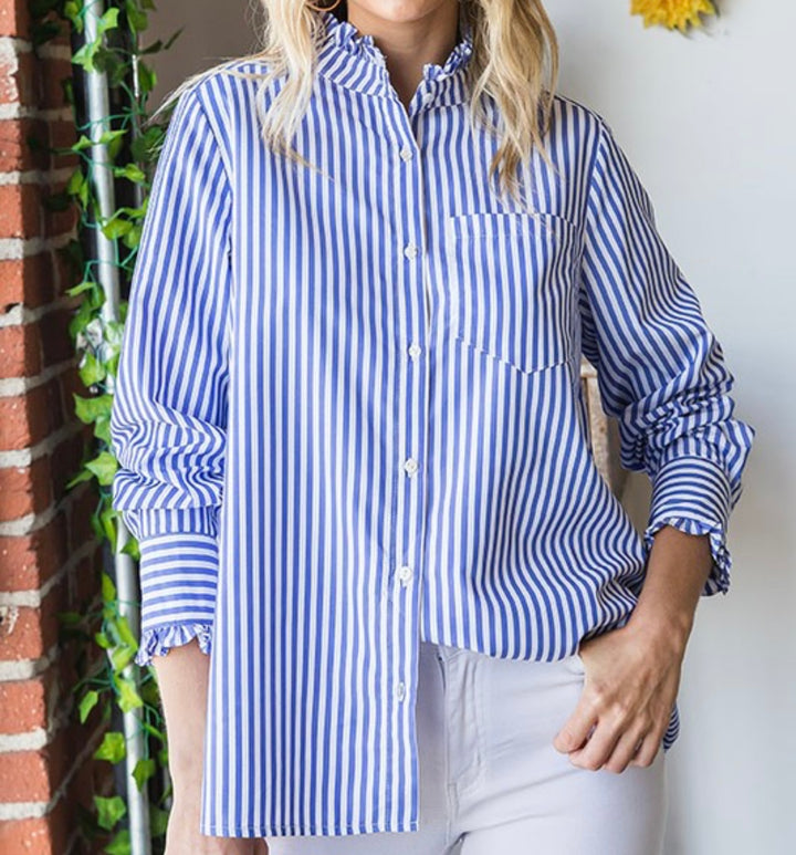 Ruffled Button up Blue Striped Top