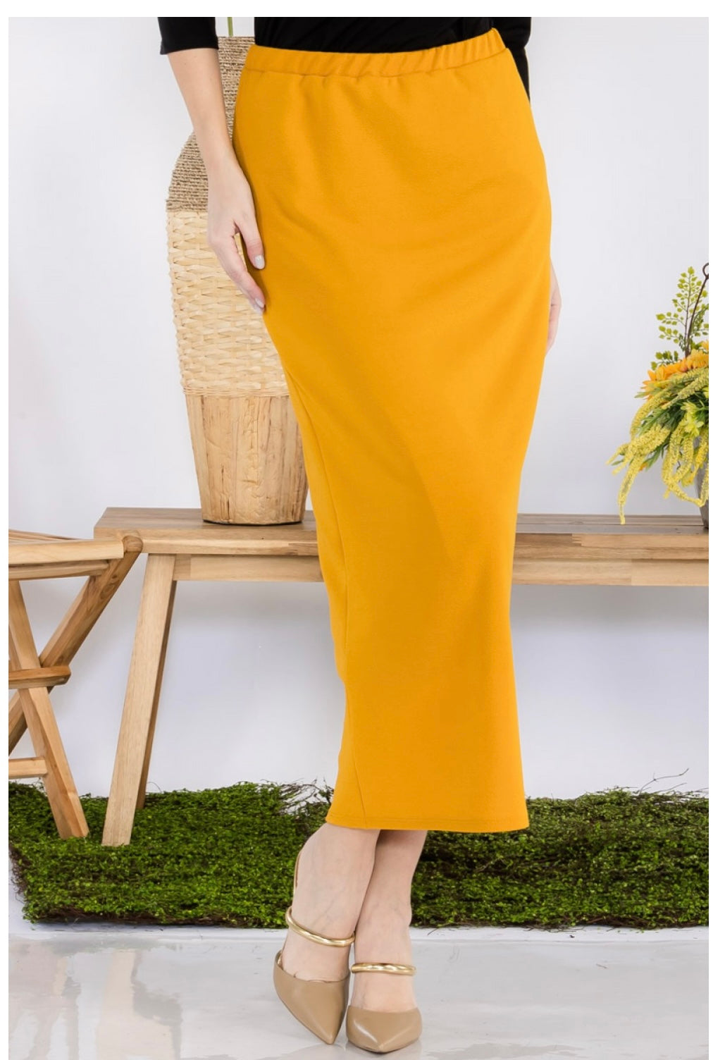 Long Liverpool Skirt in Mustard, back view