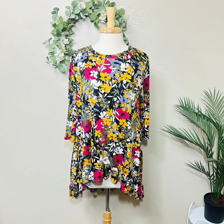 Liza Lou’s Black Background with Floral Hi Low Tunic Top with Ruffle