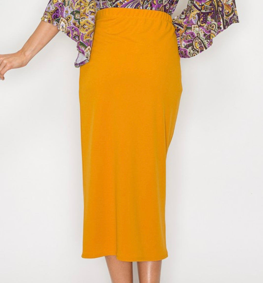 Liza Lou's Juliette Midi Skirt With Elastic Waist Mustard, Black, Olive, Burgundy, Tan