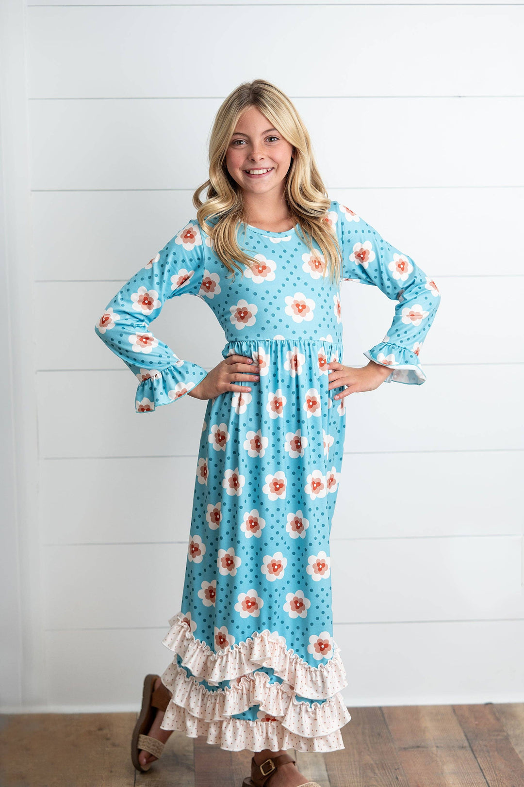 Liza Lou’s Darling Long Modest Girls Ruffled Dress Turquoise Floral