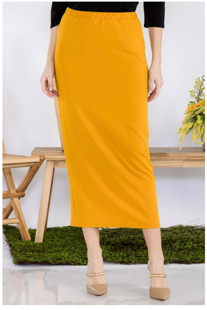 Long Liverpool Skirt in Mustard, front view