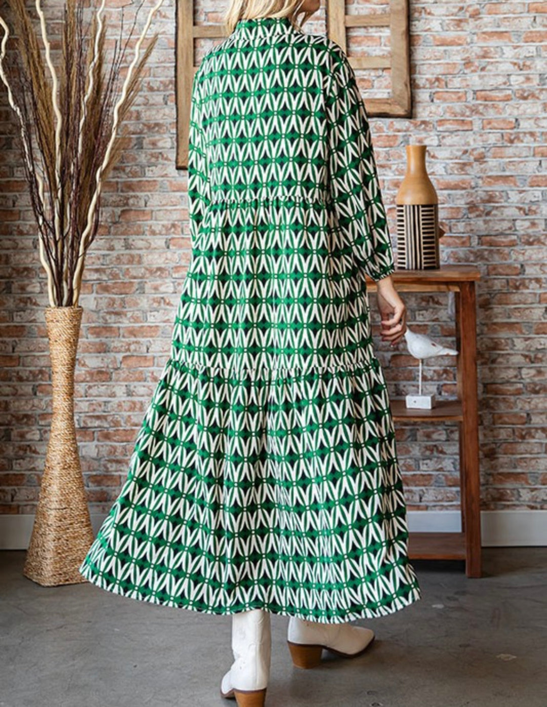 Liza Lou's Geometric Green Long Tiered Modest Dress