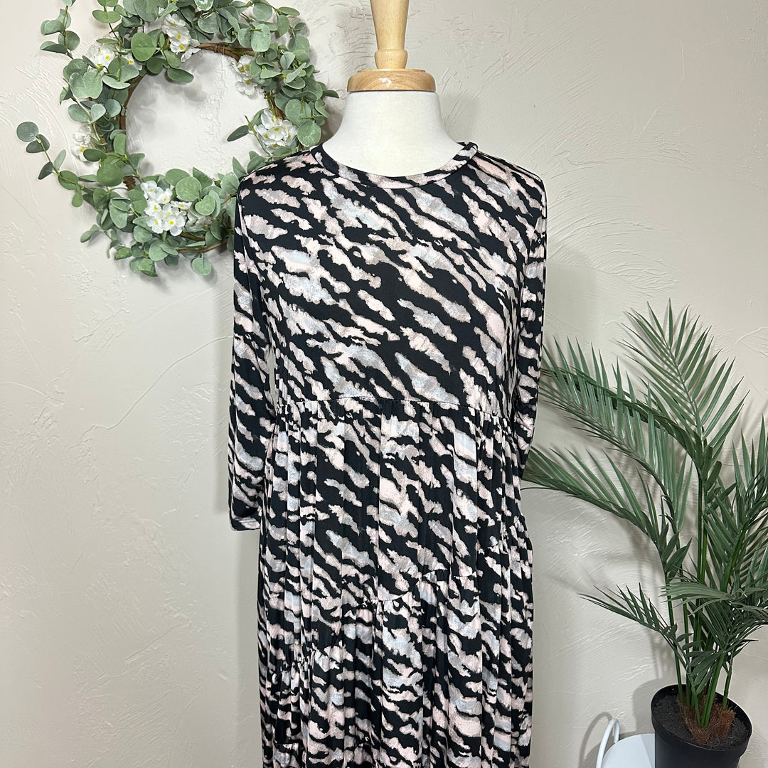 Liza Lou's Black Animal Print Asymmetric Tiered Dress