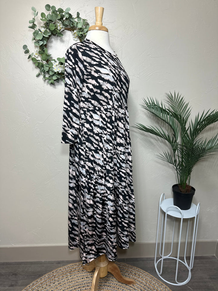 Liza Lou's Black Animal Print Asymmetric Tiered Dress