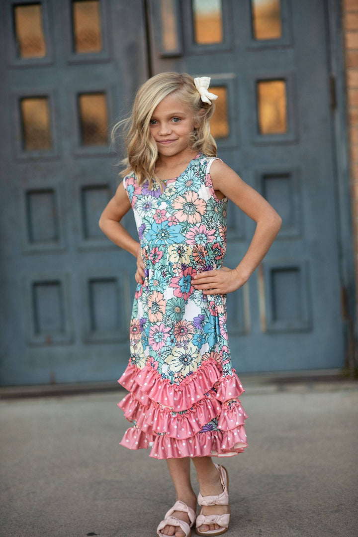 Liza Lou's Pink Colorful Dot Floral Dress with Ruffles Girls Jumper Maxi Dress