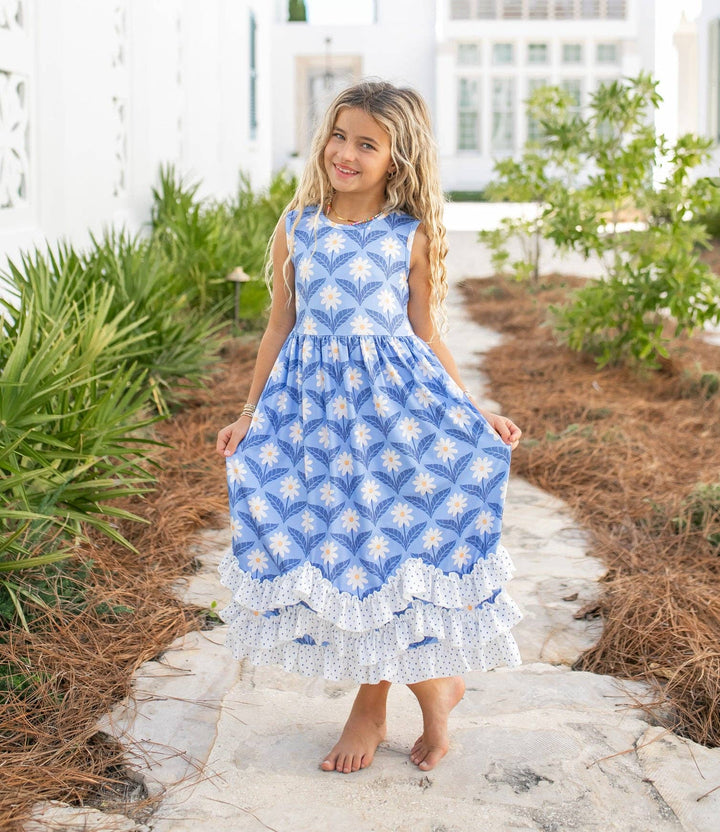 Liza Lou’s Darling Long Modest Girls Ruffled Dress Blue Floral